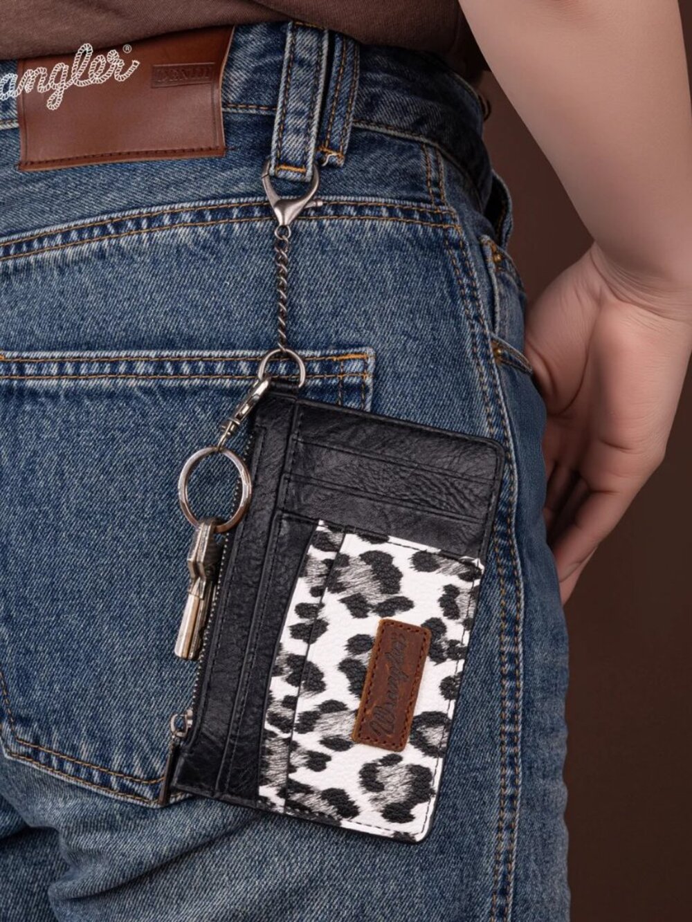 Wrangler Leopard Print Key Chain Wristlet Card Wallet Black